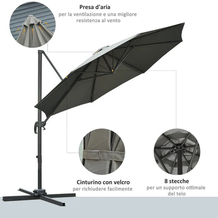 Ombrellone da Giardino a Manovella e a 8 Stecche con Angolazione Regolabile, Ø2.95x2.5 m, Grigio 84D-065CG