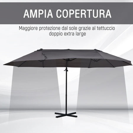 Ombrellone Doppio da Giardino in Metallo e Poliestere Anti-UV Impermeabile, 440x270x250cm, Grigio 84D-085GY