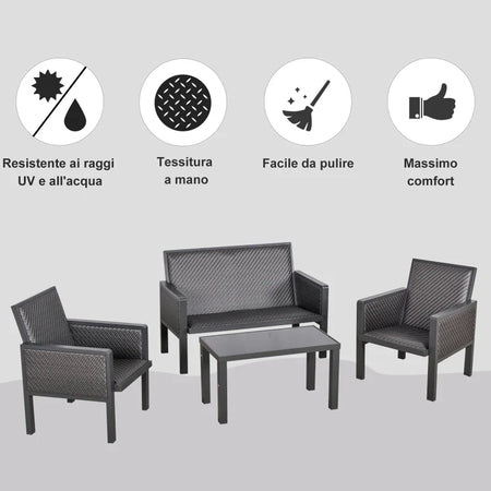 Salotto da Giardino con Divano da Esterno e Tavolino, Mobili da Giardino in Rattan Sintetico, Set 4 Pz, Grigio 860-166