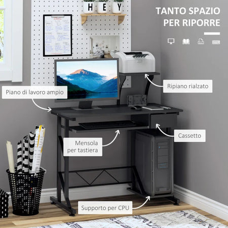 Scrivania per Computer Salvaspazio in Acciaio e Legno, Scrivania da Ufficio con Cassetto, Ripiano Tastiera Estraibile 90 x 50 x 95cm YG8920-018BKYG8