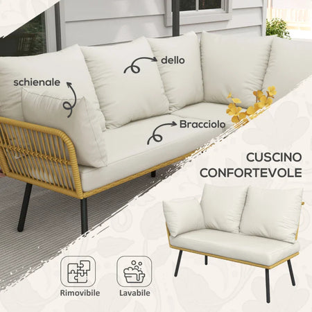 Set da Giardino 4 Pezzi in Rattan PE con Tavolino da Esterni 90x45x42 cm e 2 Divanetti per Esterni 6ex63x74 cm, Bianco Crema 860-324V00CW