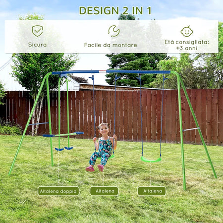 Set Altalene da Giardino per 4 Bambini, 1 Altalena Doppia e 2 Altalene Singole, Capacità di peso 45kg (Altalena) 180kg (Totale), 280x140x178cm YH5344-035YH5
