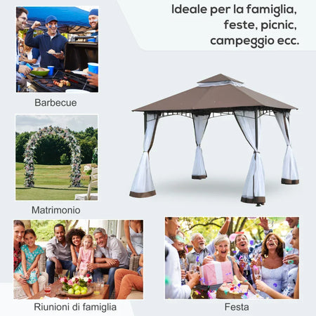 Gazebo da Giardino 3x3m con Zanzariera, Telaio in Acciaio e Doppio Tettuccio, Bianco 84C-010CF