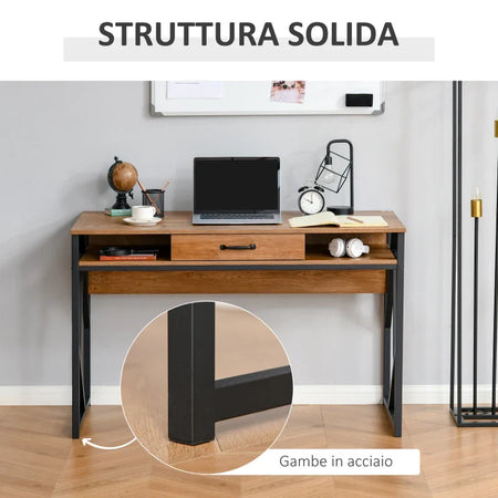 Scrivania Moderna in Metallo e MDF Stile Industriale, Mensole e Cassetto per Casa e Ufficio, 120x60x76cm Nero Marrone XV2836-376XV2