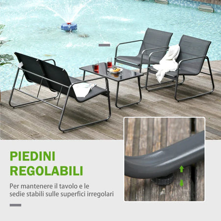 Set Tavolino con Panchina e 2 Sedie da Giardino, Arredamento da Esterno in Metallo e Texteline, Nero 84B-507