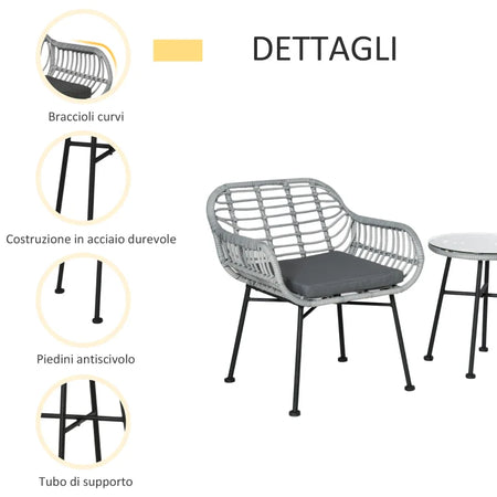 Set Mobili da Giardino in Rattan PE con 2 Sedie e Tavolino con Ripiano in Vetro, Grigio 863-085