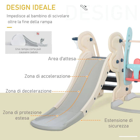 Scivolo 3 in 1 per Bambini con Altalena Regolabile, Canestro e Palle per Cameretta e Giardino, 160x220x120cm, Bianco, Azzurro e Grigio ED9331-002ED9