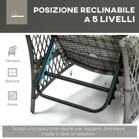 Set Lettino Prendisole e Tavolino in Rattan PE, Sdraio da Giardino Regolabile su 5 Posizioni e Tavolino a 2 Ripiani, Bianco Crema 862-054GY