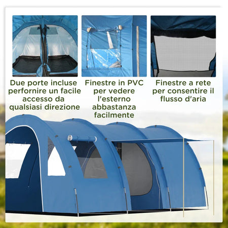 Tenda da Campeggio per 5-6 Persone con 2 Porte, Finestre e Tasche Portaoggetti, 475x315x215 cm, Blu WY4A20-304V00BUWY4