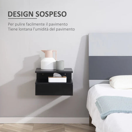Set da 2 Comodini Sospesi per Camera da Letto con Cassetto e Mensola Superiore in Legno 35x32x22.5cm MN4831-338BKMN4