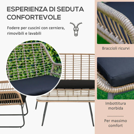 Set Mobili da Giardino Stile Boho in Rattan PE con 2 Poltrone, Divanetto e Tavolino 860-202