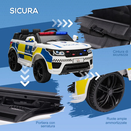 Macchina Elettrica per Bambini della Polizia, Batteria 12V e Telecomando, Sirena Luci Attacco USB per Musica, 110x68x52cm, Bianco LM2370-187V90LM2