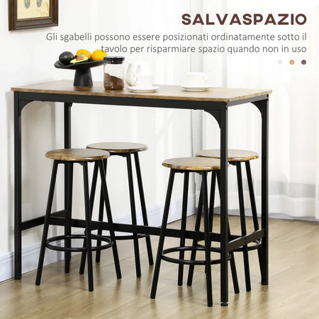 Set da Bar 5 pezzi con Tavolo alto e 4 Sgabelli Stile Industriale, Marrone e Nero WQ8835-890V00RBWQ8