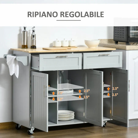 Carrello da Cucina Multiuso in Legno con 2 Cassetti, 3 Antine e 4 Ruote 121x46x91cm, Grigio YH1801-204GYYH1