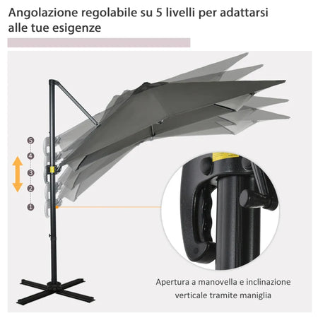 Ombrellone da Giardino con Angolazione Regolabile su 5 Livelli e Rotazione a 360°, 2.5x2.5 m, Grigio 84D-051V00GY