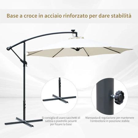 Ombrellone da Giardino a Braccio 3x2.5 m con Manovella e 8 Strisce LED a Energia Solare, Crema 84D-066CW