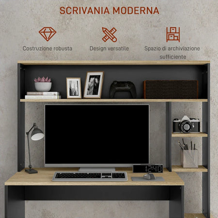 Scrivania Moderna con Ripiani e Supporto per CPU in Legno, 114x45x138cm, Grigio e Legno Naturale CK1920-081V00GYCK1