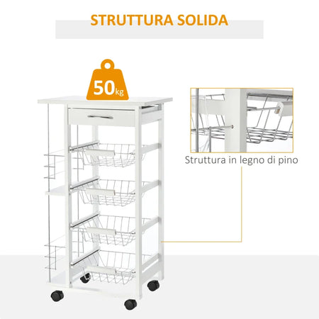 Carrello da Cucina Salvaspazio in Legno Bianco, Portavivande con 1 Piano di Lavoro 1 Cassetto e 4 Cestelli Metallici, 47x37x83cm LK6801-121V01WTLK6