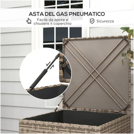 Baule da Esterno in Rattan PE e Acciaio con Fodera Interna, 75x75x70 cm, Nero e color Sabbia  865-020V00KK