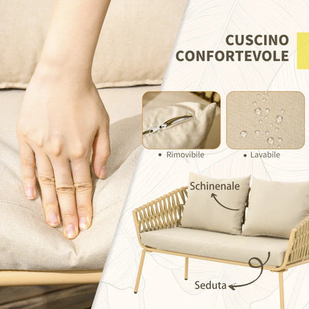 Salotto da Esterno con Divano 2 Posti, 2 Poltrone con Cuscini e Tavolino in Vetro  860-321V00KK