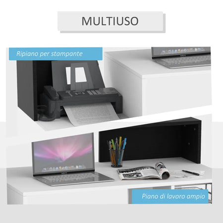 Scrivania per Ufficio con Ripiano Stampante, 2 Cassetti e 3 Mensole, in MDF Bianco e Nero, 137 x 55 x 92cm ZB4920-026ZB4