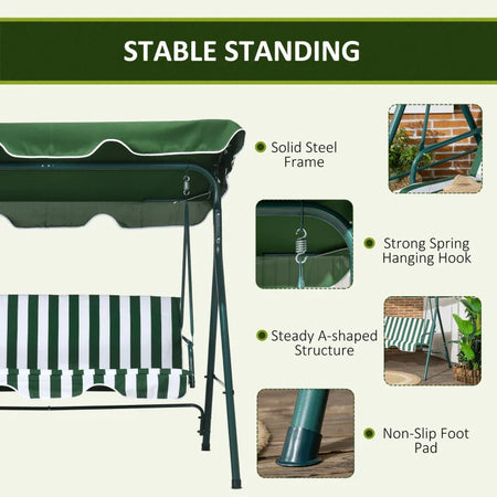 Dondolo da Giardino 3 Posti in Acciaio e Teslin con Tetto Parasole, 172x110x153 cm, Bianco e Verde 84A-054V03GN