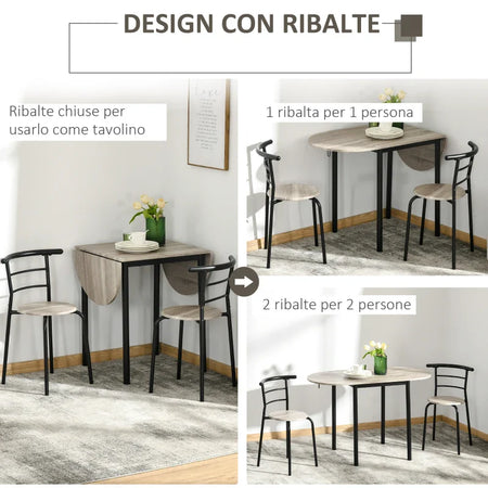 Set da Pranzo 3 Pezzi con 2 Sedie e 1 Tavolo da Pranzo Ovale in MDF e Acciaio per Spazi Limitati UH7835-644UH7