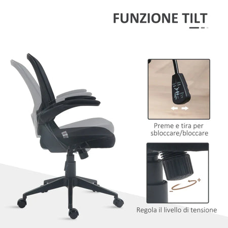 Sedia da Ufficio Ergonomica con Altezza Regolabile, Braccioli Ribaltabili e Tessuto a Rete, Nero NB6921-704V00BKNB6