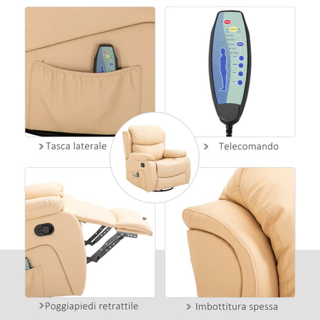 Poltrona Relax Reclinabile Beige con 8 Punti Massaggianti, Riscaldanti e Poggiapiedi, 97x92X104 cm ER5700-094V90BGEW5