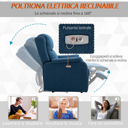 Poltrona Relax Elettrica con Schienale Reclinabile 160°, Poggiapiedi e Porta USB, Lino Blu, 77 x 91 x 106cm CV2833-844CV2