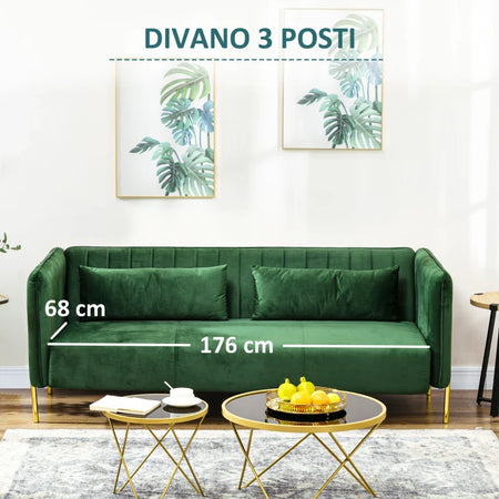 Divano 3 Posti Moderno con Cuscini Imbottiti, Gambe in Acciaio e Tessuto Vellutato, 200x88x76 cm, Verde 839-491V01GN