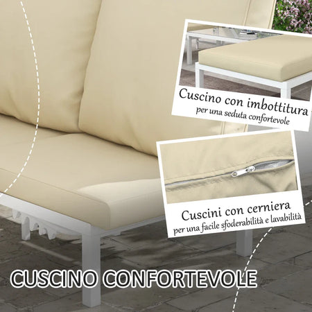 Set 2 Lettini Prendisole con Schienale Regolabile e Tavolino da Giardino in Vetro, Beige 84G-337V00BG