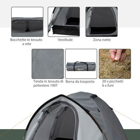 Tenda da Campeggio 2 Posti Impermeabile con Vestibolo, Finestre e Porte con Cerniera, 325x183x130cm Grigio EA1A20-174EA1