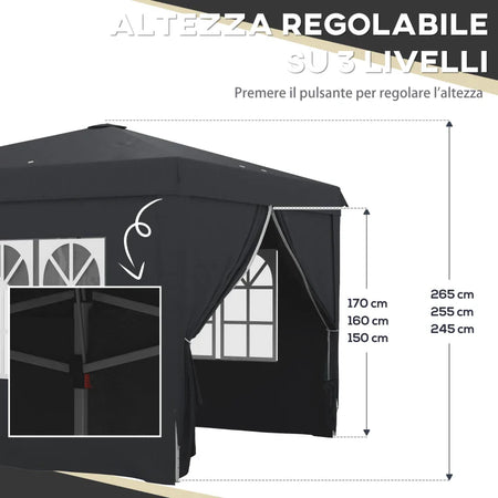 Gazebo 3x3 ad Altezza Regolabile con Fori di Drenaggio e Borsa da Trasporto, in Metallo, Grigio 84C-460V00CG
