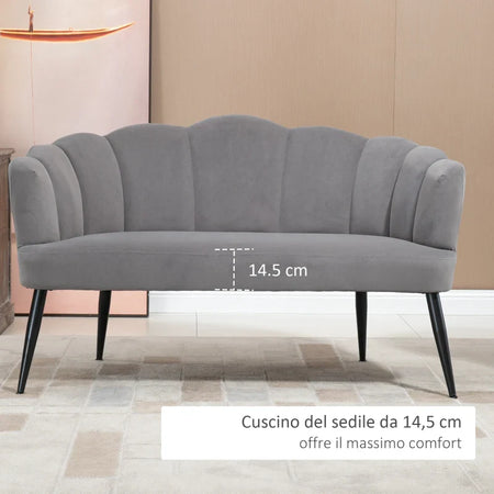 Divano 2 Posti in Velluto con Gambe in Metallo e Schienale a Conchiglia, 132x66x80cm, Grigio RF2839-483V00CGHG2