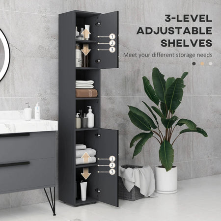 Colonna Bagno in Truciolato con 2 Ripiani Aperti e 2 Armadietti a 2 Livelli, 30x30x183 cm, Nero e Grigio RF8834-628V80BKRF8
