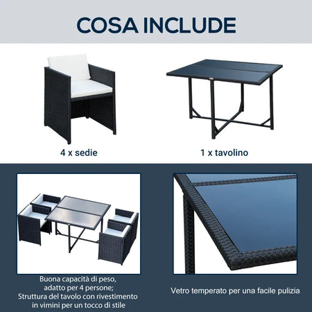 Set Mobili da Giardino 5pz Set Tavolo da Pranzo con 4 Sedie con Cuscini Combinabili a Rettangolo, Nero, 109x109x72 cm 863-008