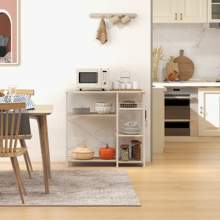 Mobile Cucina Moderno a 4 Ripiani con Cestino e Ganci in Legno e Acciaio, 90x40x84.5cm, Quercia e Bianco , scaffale casa ufficio studio F801-346V00AKA