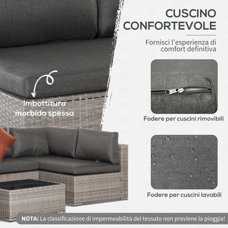 Set Salotto da Esterni 4 Pezzi con 3 Divani e 1 Tavolino da Caffè, in Rattan PE, Cuscini Inclusi 860-221