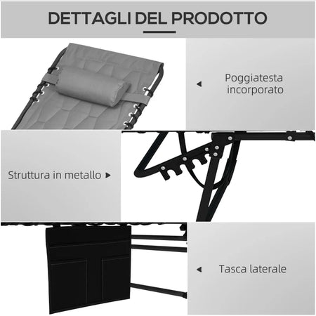 Set 2 Lettini Prendisole con Schienale Reclinabile e Tasca, in Acciaio e Poliestere, 65x188x36 cm, Grigio e Nero 84G-268V01GY