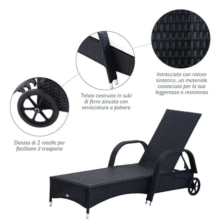 Set Mobili da Giardino 2 Sedie a Sdraio e Tavolino 3pz Lettino Prendisole Rotelle Reclinabile Rattan Nero 862-011BK