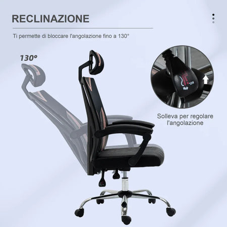 Sedia da Ufficio Ergonomica Inclinabile a 130° con Supporto Lombare e Cervicale, 58x62.5x112-120cm NM5921-469PKNM5