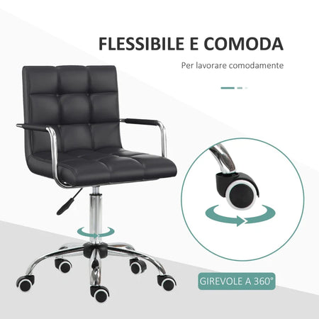 Sedia da Ufficio Ergonomica in pelle PU Nero, Sedia da Studio con 5 Ruote Girevoli, Imbottitura e Altezza Regolabile, 52.5x54x84-99cm ML402-0697ML4