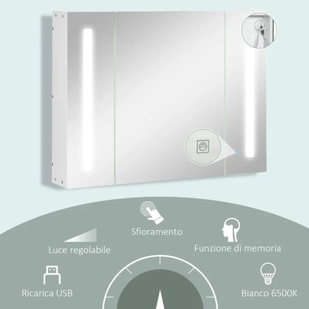 Armadietto Specchiera da Bagno con 3 Armadietti, 3 Ripiani e Luce LED, 90x15x65 cm, Bianco UJ2834-416WTUJ2