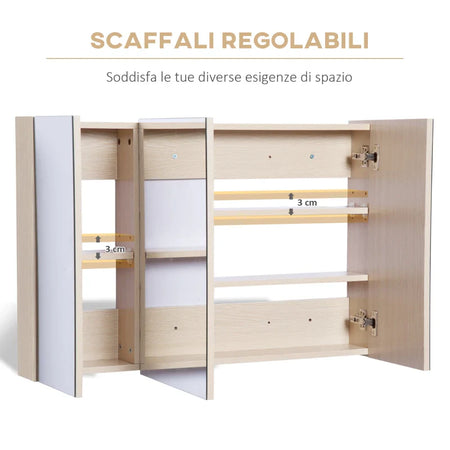Armadietto Pensile da Bagno a Parete con Specchio a 3 Ante e Ripiani Regolabili in Legno 90x60x13.5cm BN3834-163BN3