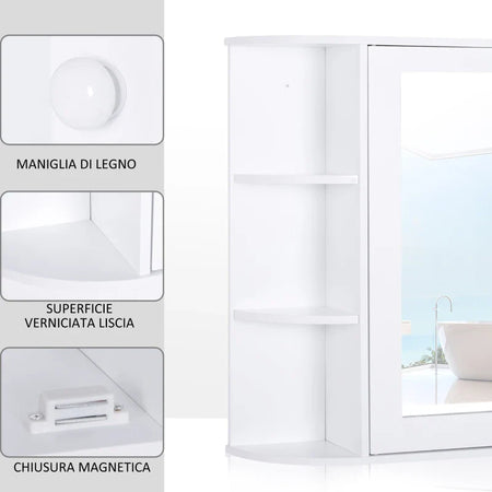Mobiletto Pensile da Bagno, Armadietto Bagno con Specchio, Anta Centrale e Mensole in Legno Bianco (60 x 17 x 63 cm) UJ6834-203UJ6