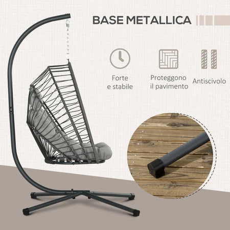 Poltrona Sospesa in Rattan PE con Cuscino, Seduta Pieghevole e Struttura in Acciaio, Grigio 867-157V00CG