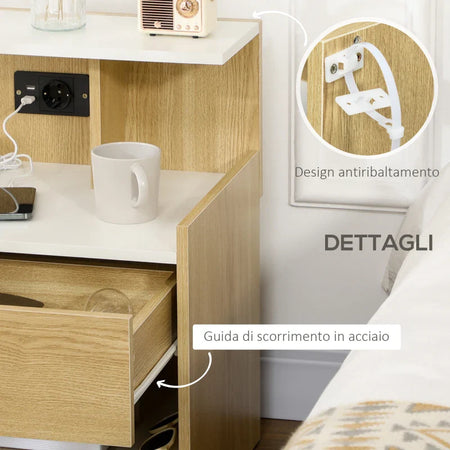 Comodino moderno con 2 Prese, 2 porte USB e Cassetto in truciolato, 40x40x60cm, Color Legno KL2831-668V90NDKL2