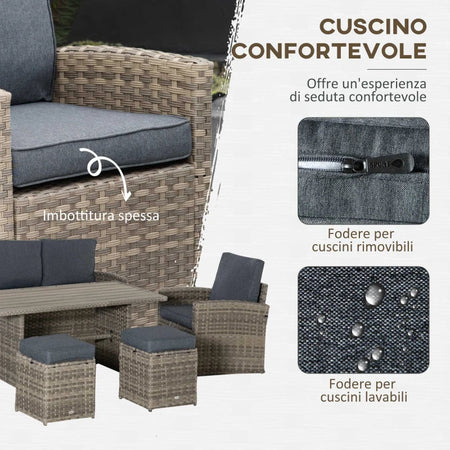 Set Salotto da Giardino in Rattan PE con Divano 3 Posti, 2 Poltrone, 2 Sgabelli e Tavolo, Grigio 860-198
