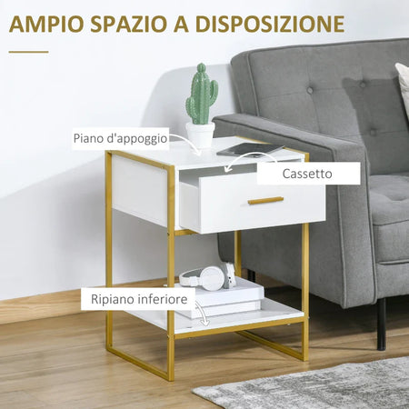 Set 2 Comodini Moderni con Cassetto e Ripiano Aperto in MDF e Acciaio, 45x40x60cm, Bianco e Oro AW1831-534AW1